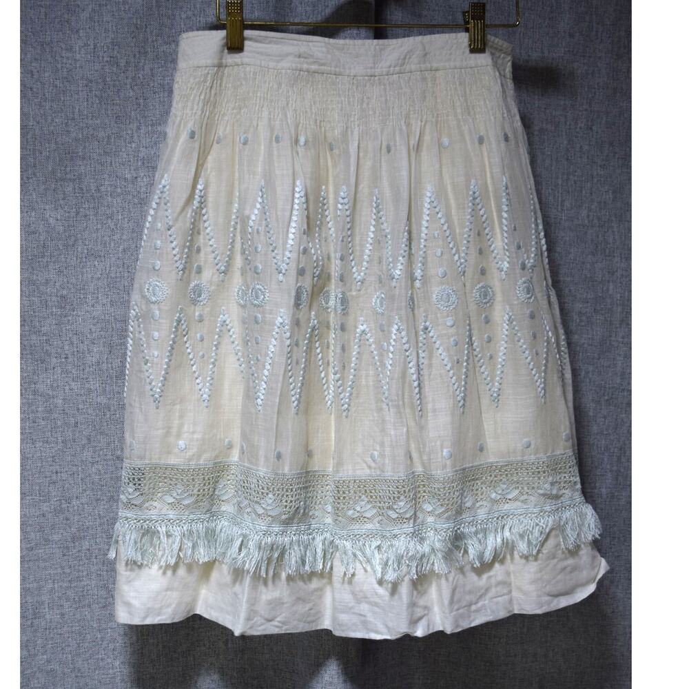 Rebecca Taylor White Embroidered Skirt with Lace & Fringe Hem Women’s Size 2